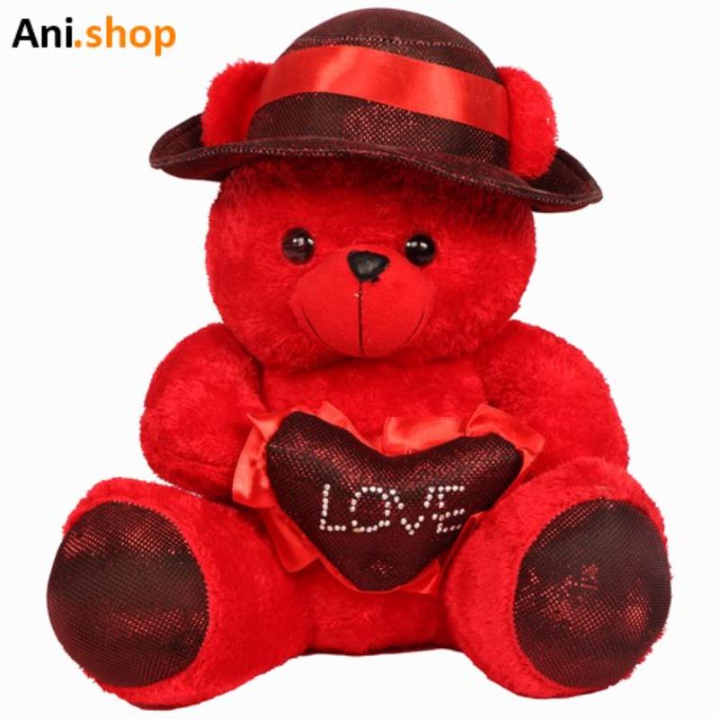 عروسک خرس قرمز قلب به دست کلاه دار