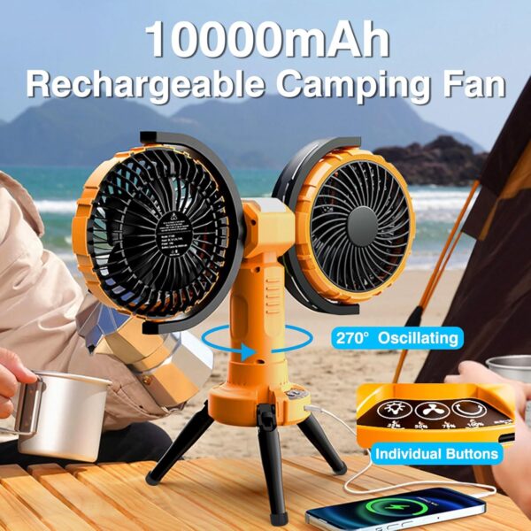 پنکه شارژی چندکاره مدل Double Head Camping Fan with LED Light F7300 - Image 8
