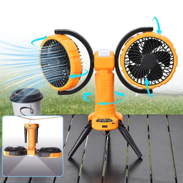 پنکه شارژی چندکاره مدل Double Head Camping Fan with LED Light F7300 - Image 6