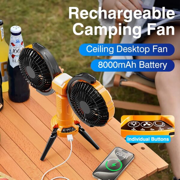 پنکه شارژی چندکاره مدل Double Head Camping Fan with LED Light F7300 - Image 10