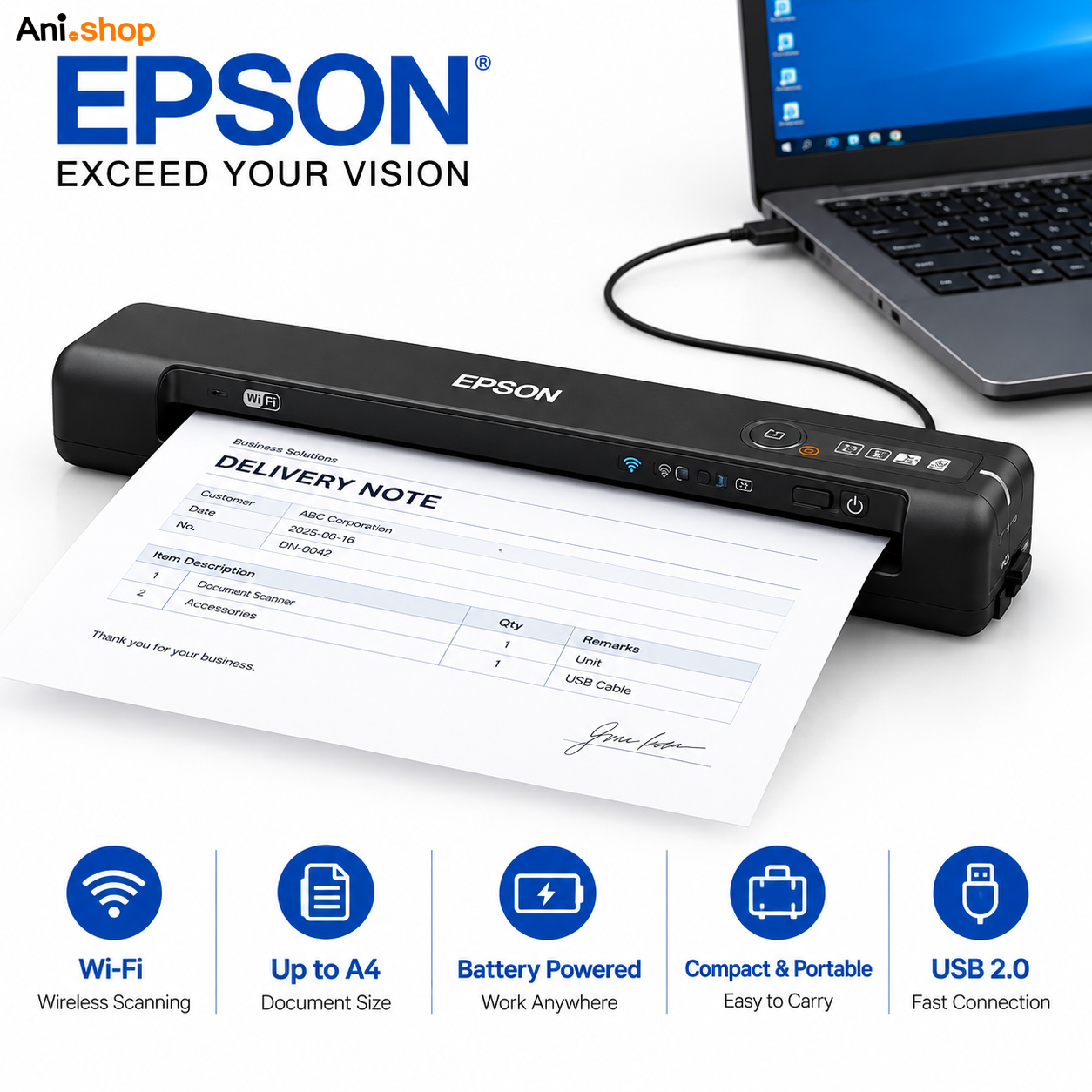 اسکنر همراه اپسون قابل اتصال به گوشی و کامپیورتر Epson WorkForce ES-60W